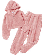 Arshiner Girls 2 Piece Outfits Sweatsuit Fuzzy Long Sleeve Bear Ear Hoodie Sweatshirt and Sweatpant Kids Clothing Sets