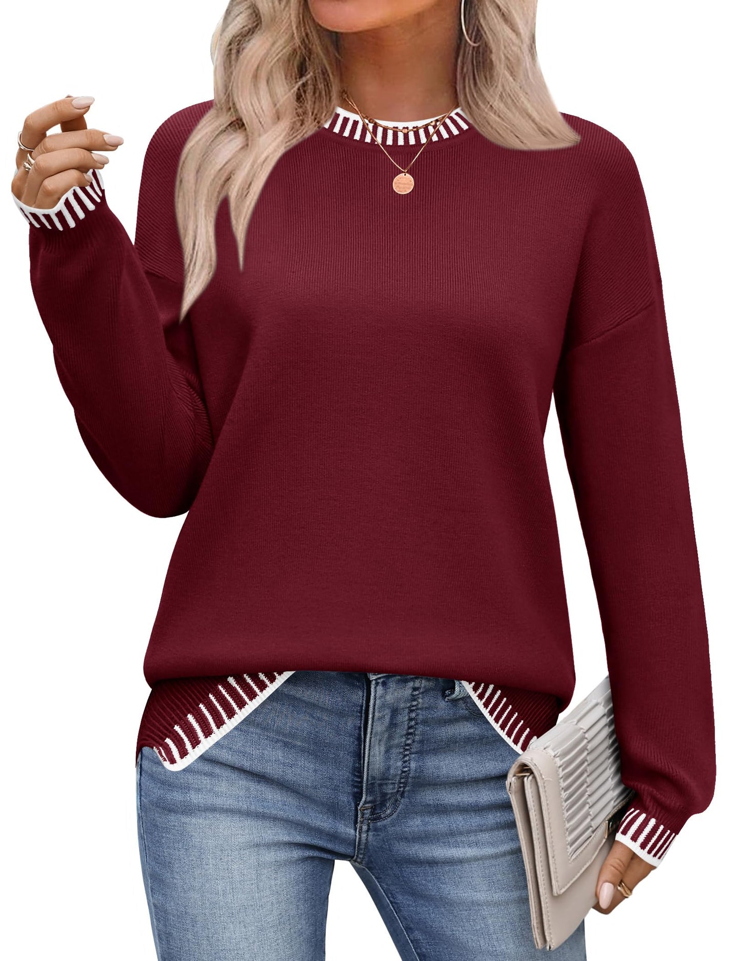 Zeagoo Womens Crewneck Pullover Sweater Long Sleeve Knit Side Slit 2025 Fall Winter Sweater Tops