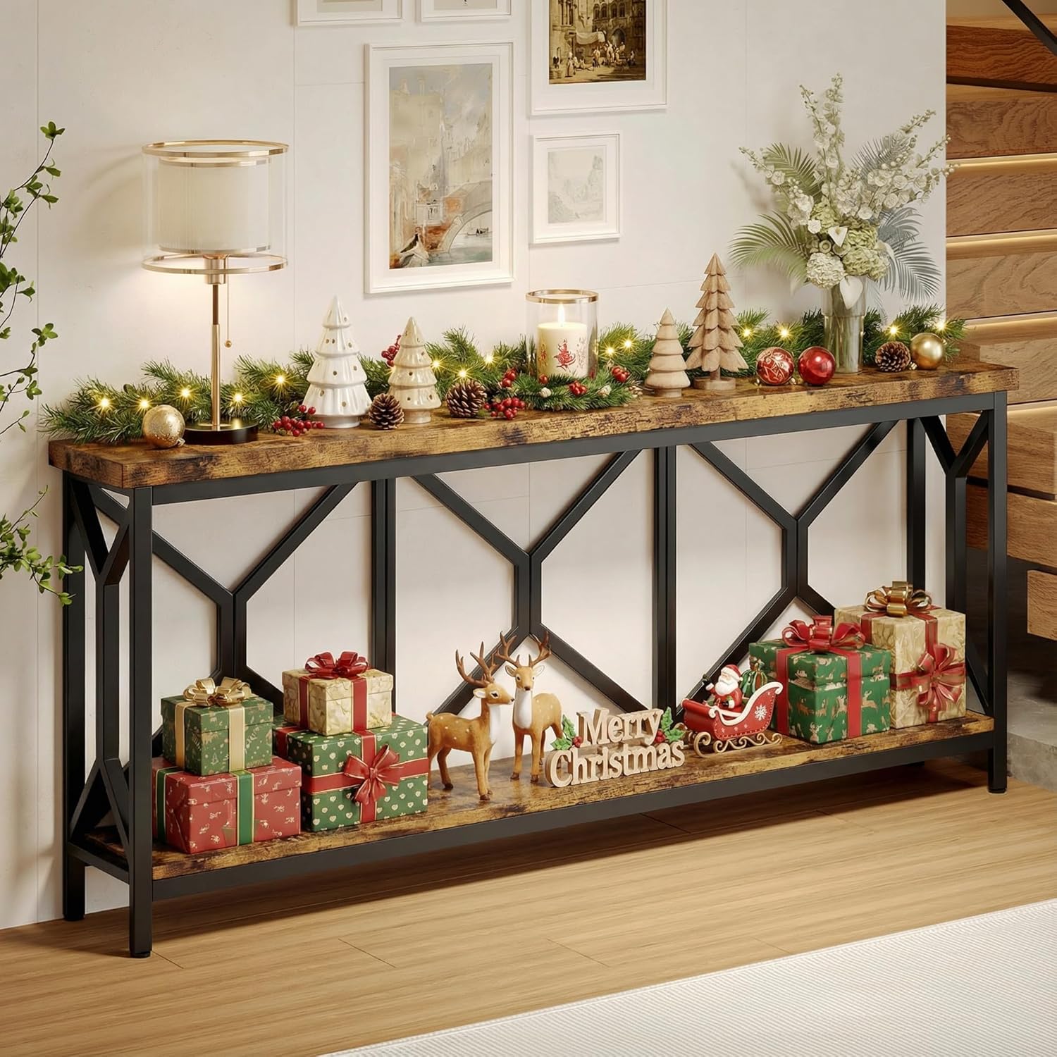 Dining Table and Chairs - 70.9" Extra Long Entryway Table, Industrial Narrow Console Table Behind Couch with Large Storage Space, Thickened Sofa Table for Hallway, Entryway, Living Room