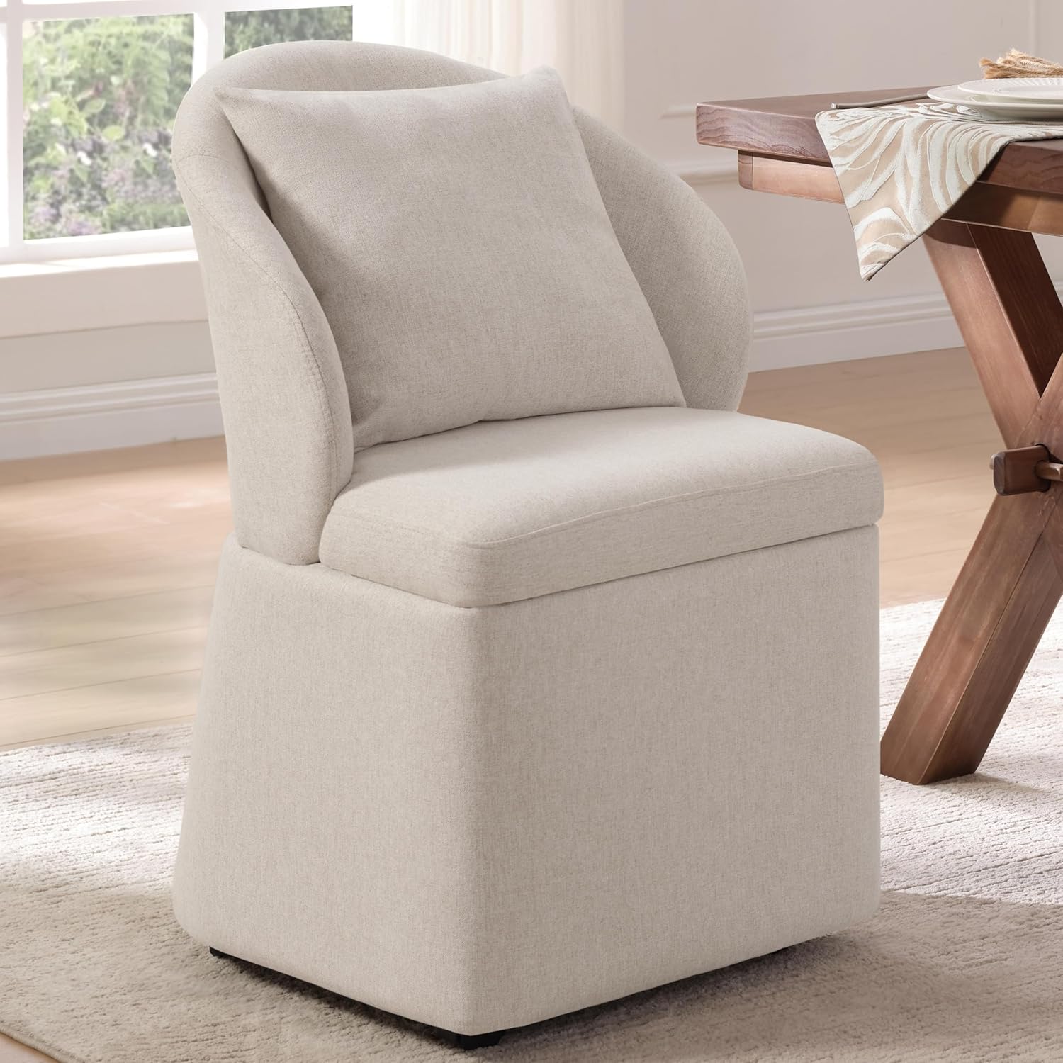 Dining Table and Chairs - Modern Rolling Dining Chairs with Storage Space, Upholstered Dining Room Chairs with Casters, FSC Certified Armless Kitchen Chair with 4 Wheels for Dining Room and Kitchen, Linen