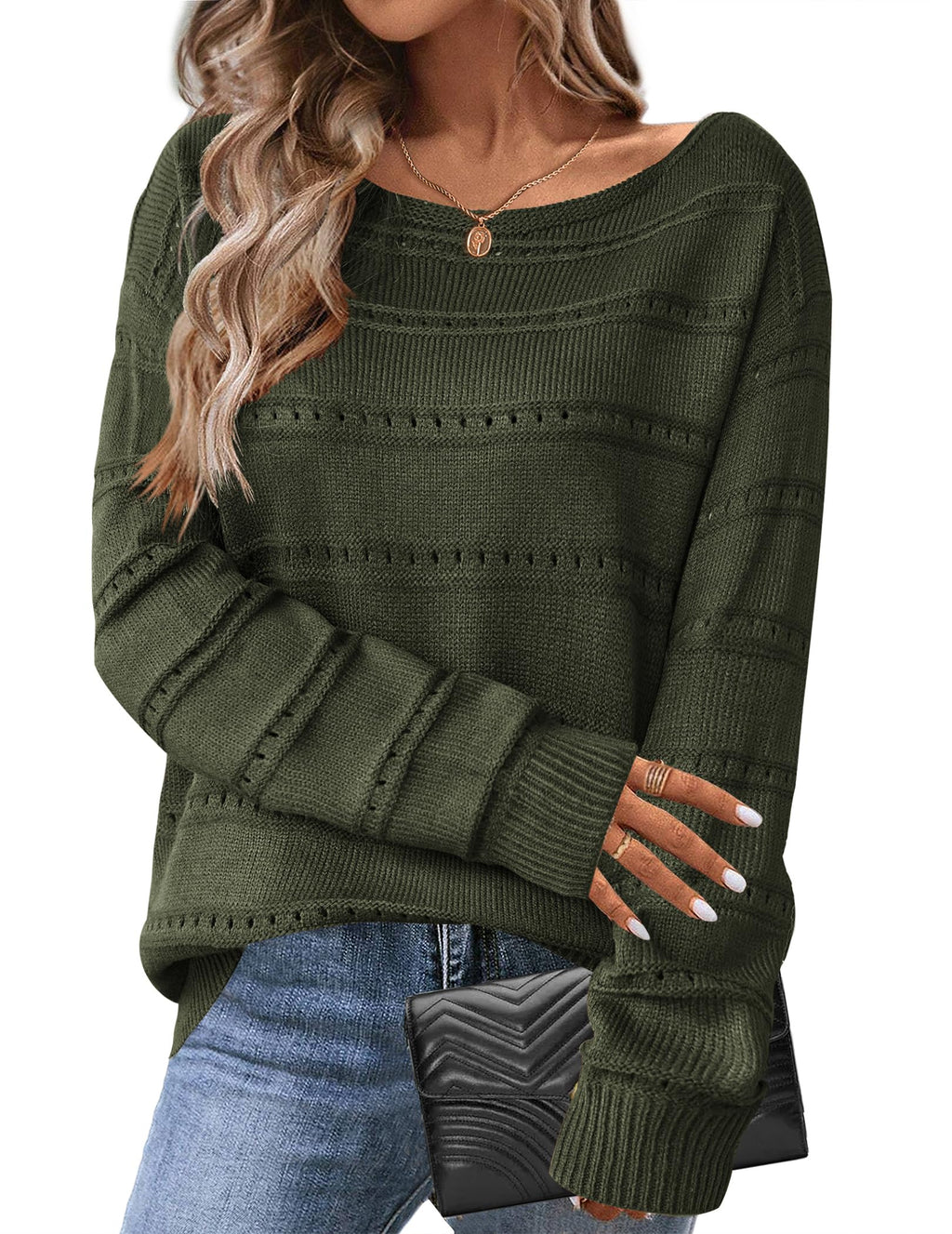 Zeagoo Womens Sweaters Cute Long Sleeve Off The Shoulder Pullover Tops Hollow Out Crochet Dressy Casual Outfits