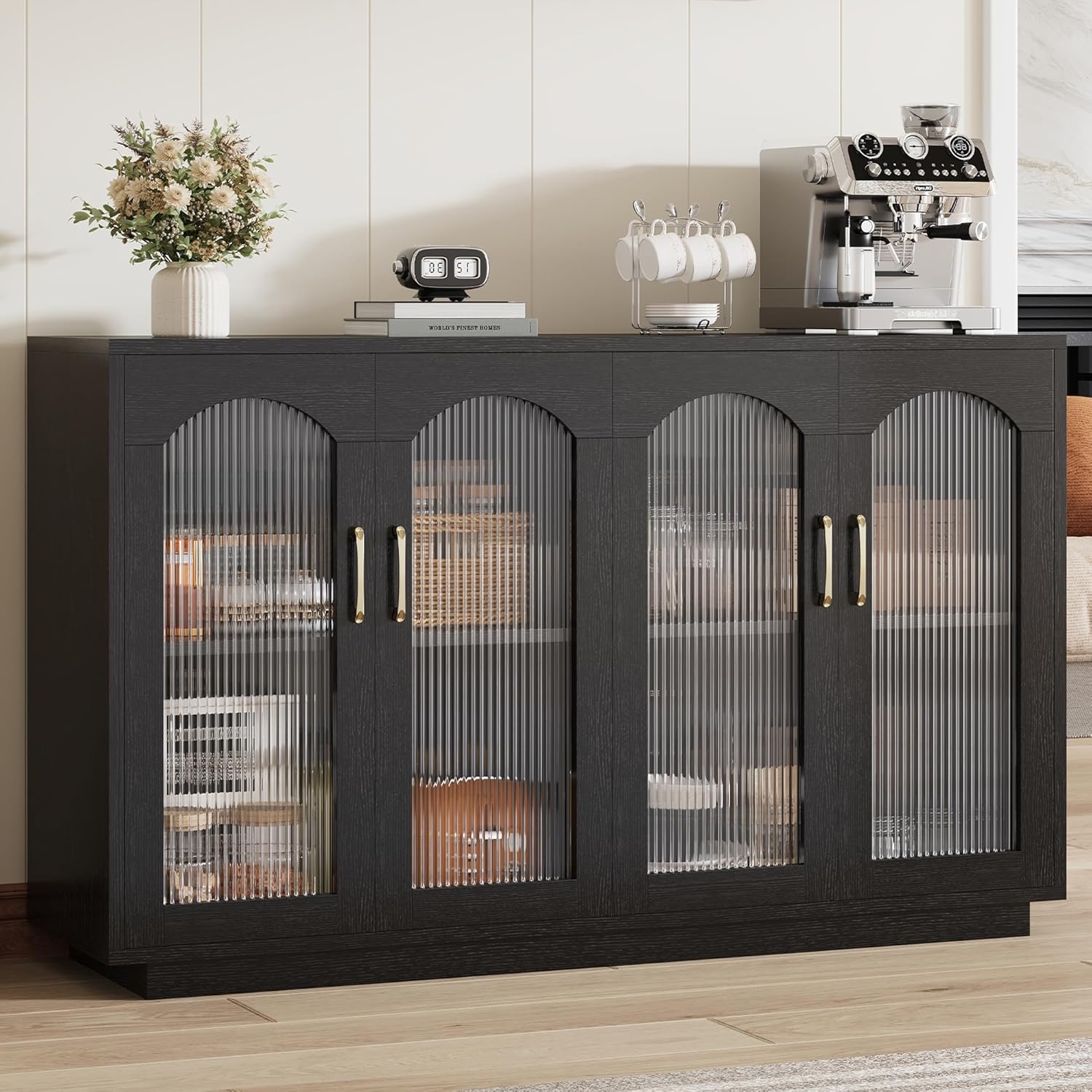 Dining Table and Chairs - Sideboard Buffet Cabinet with Storage, 55.1" Table with 4 Fluted Glass Doors, Built-in Removable Shelf, Kitchen Coffee Bar Table for Dining Room, Living Room