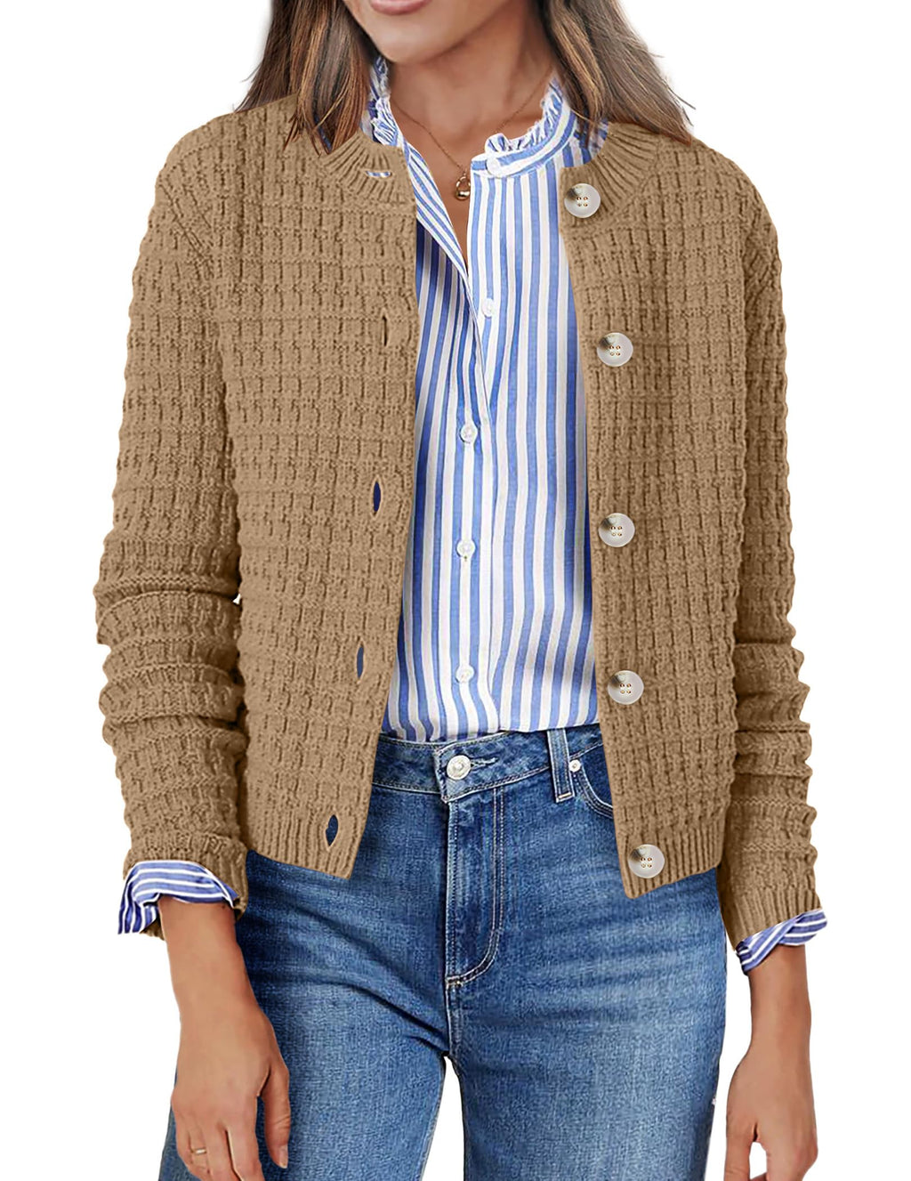 Zeagoo Women's 2025 Cardigan Sweaters Button Down Crew Neck Open Front Long Sleeve Knit Cropped Jackets