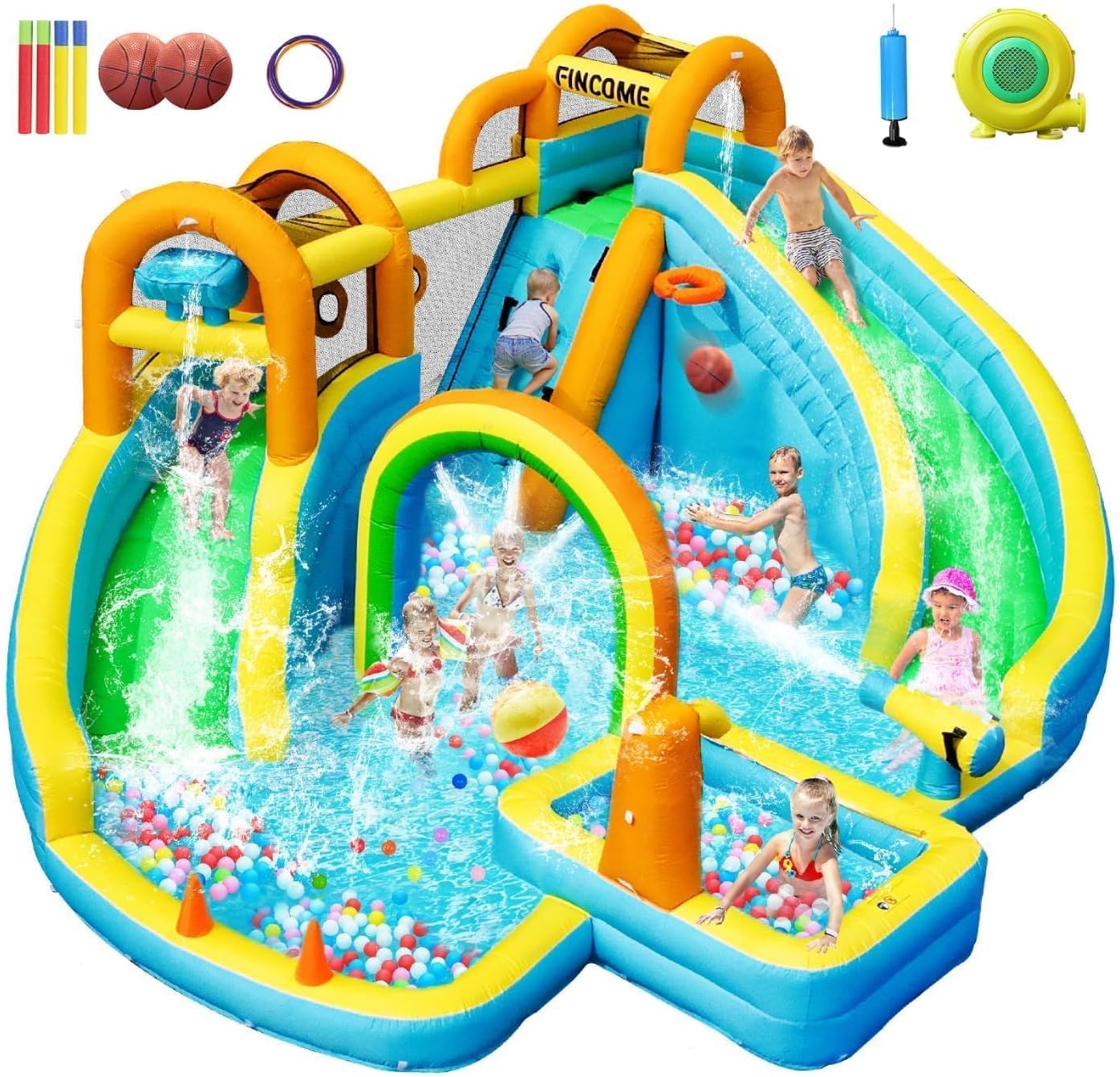 Inflatable Castle - Inflatable Water Slide, Bounce House with 2 Slide for Kids, Inflatable Waterslide Park with Splash Pool, Basketball Hoop, Ball Shooting & Water Cannon for Backyard, Outdoor, Indoor