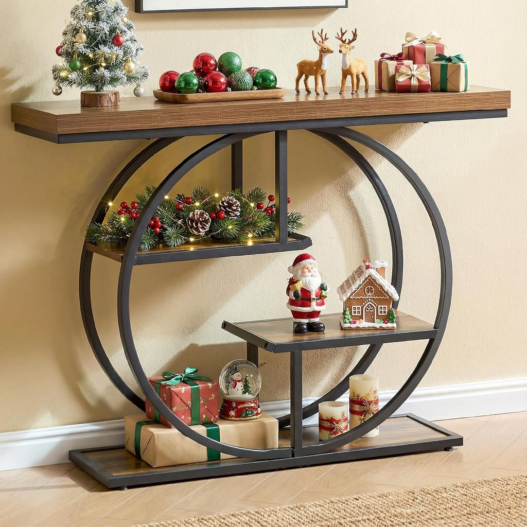 Dining Table and Chairs - 41.3" Sofa Table, Industrial 4-Tier Entryway Table with Circle Base and 1.7" Thickened Top, Narrow Console Table with Storage for Living Room, Hallway, Foyer