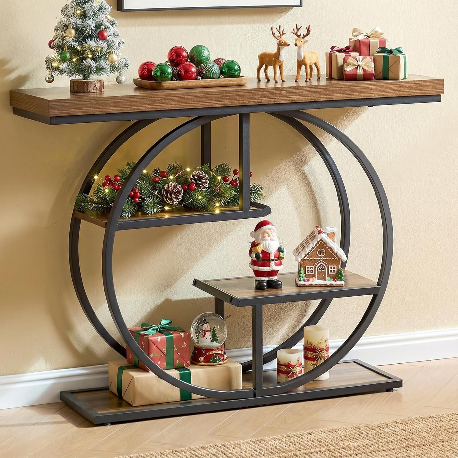 Dining Table and Chairs - 41.3" Sofa Table, Industrial 4-Tier Entryway Table with Circle Base and 1.7" Thickened Top, Narrow Console Table with Storage for Living Room, Hallway, Foyer