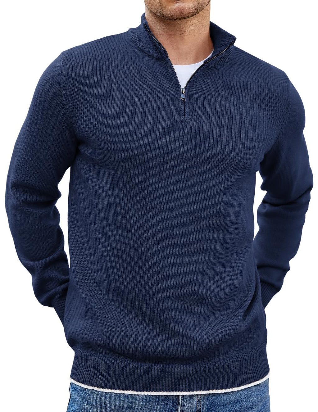 COOFANDY Men's Half Zip Knitted Sweater Long Sleeve Fall Fashion Pullover Sweaters Navy Blue