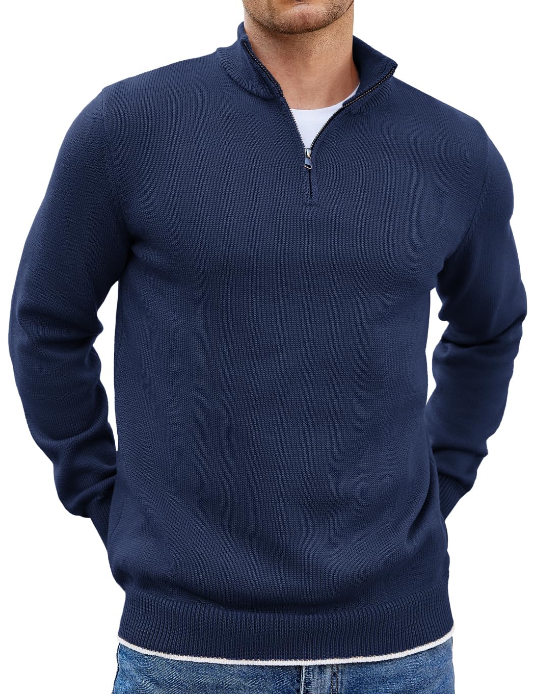 COOFANDY Men's Half Zip Knitted Sweater Long Sleeve Fall Fashion Pullover Sweaters Navy Blue