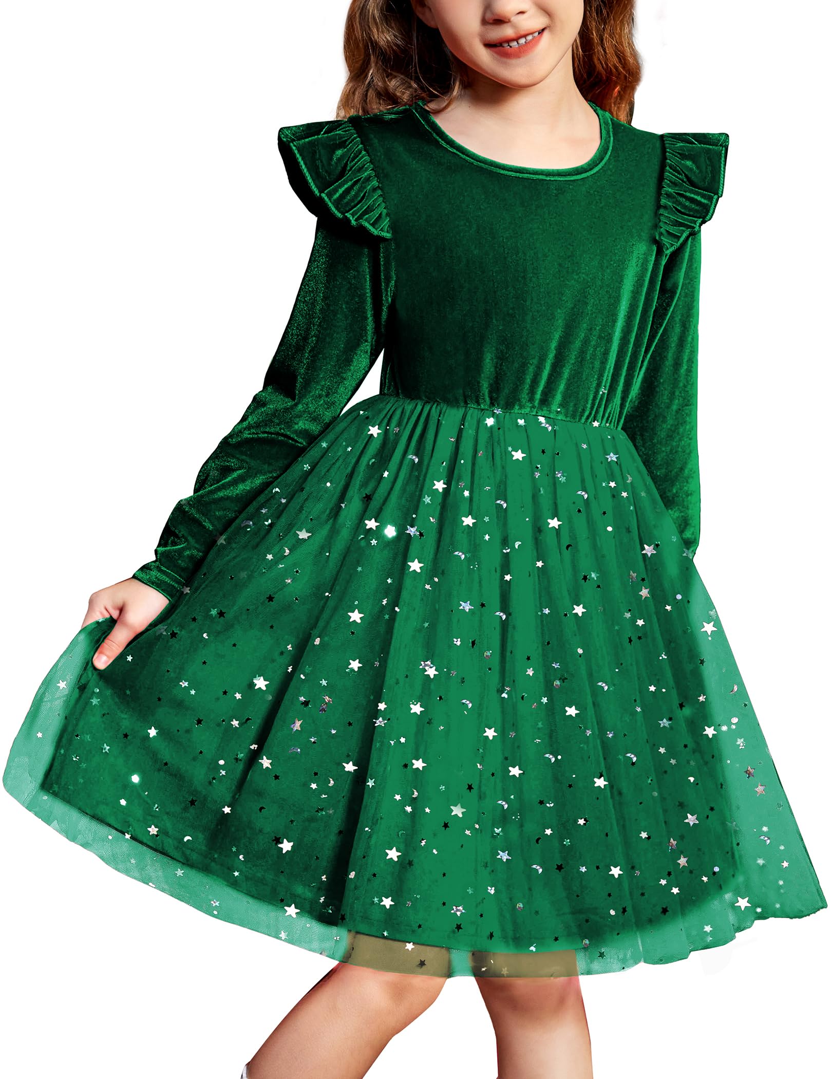 Arshiner Toddler Tutu Dresses Little Girls Velvet Tulle Fall Winter Long Sleeve Ruffle Holiday Party Dress 2-6Y