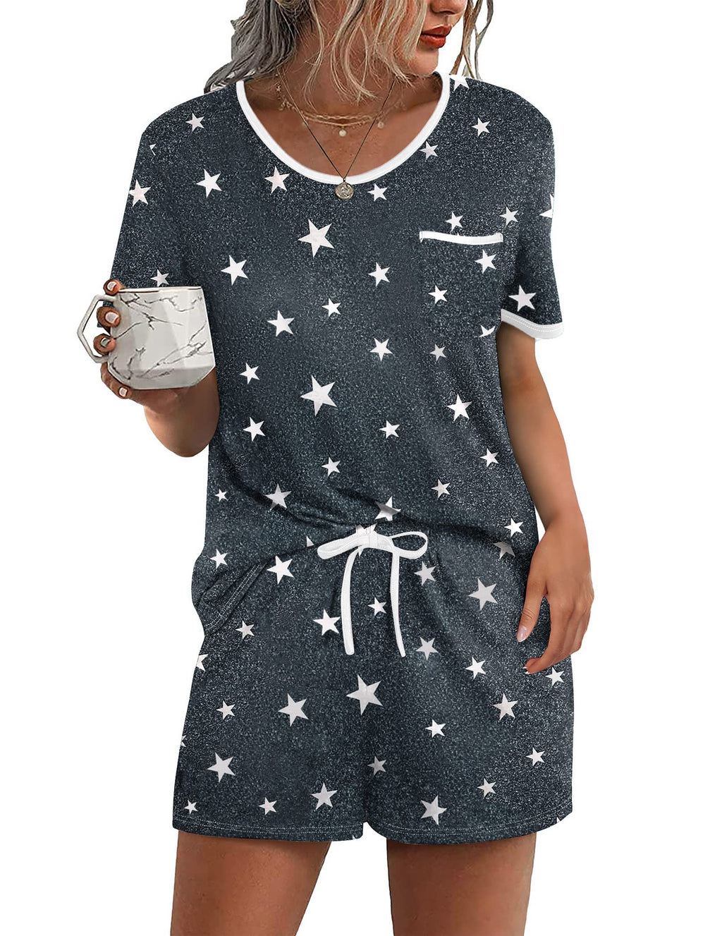 Ekouaer Pajama Set for Women 2 Piece Lounge Set Short Sleeve Tops and Shorts Soft Sleepwear Chest Pocket