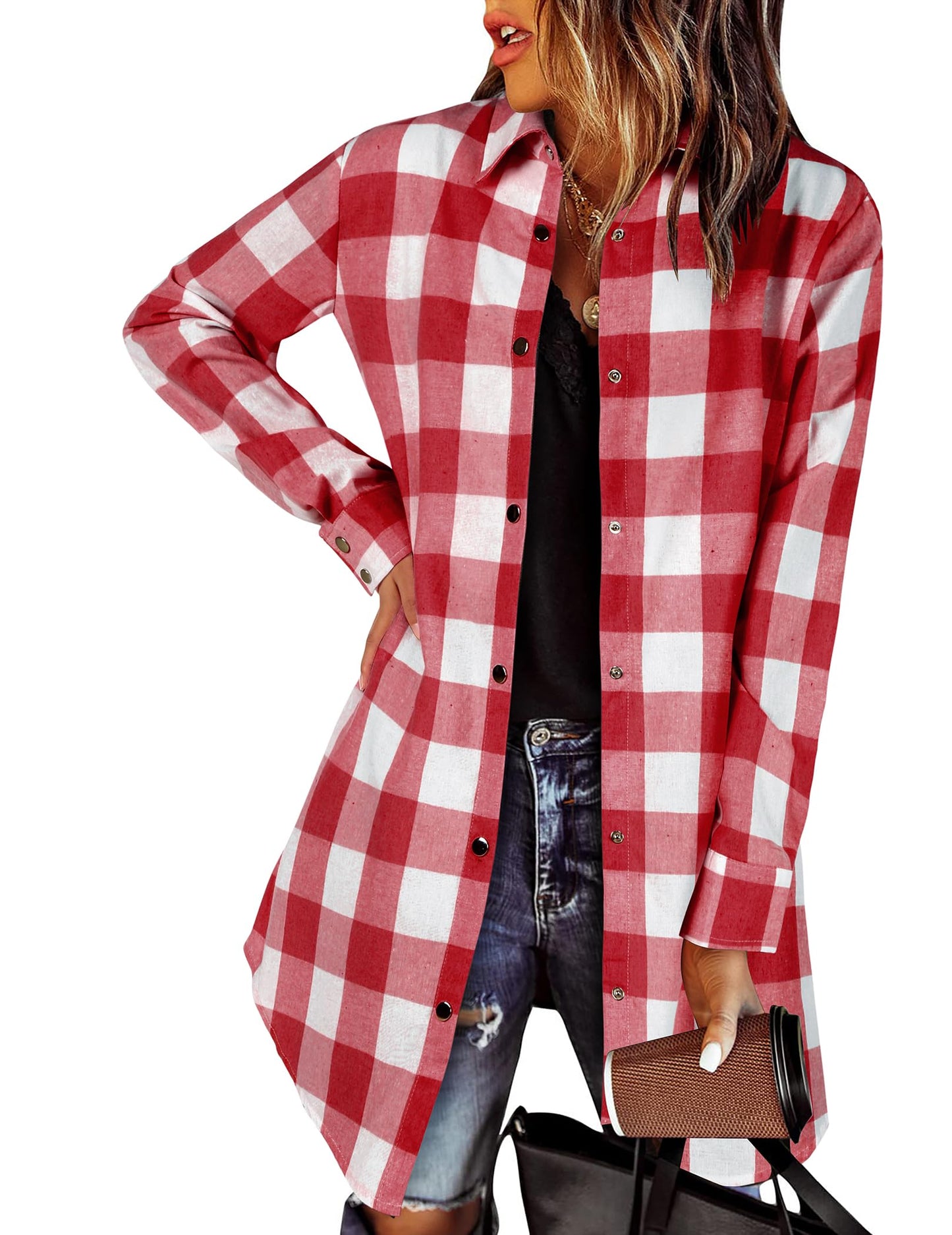 Zeagoo Flannel for Women 2025 Fall Fashion Long Sleeve Plaid Button Down Shirts Shacket Blouse Top with Pockets