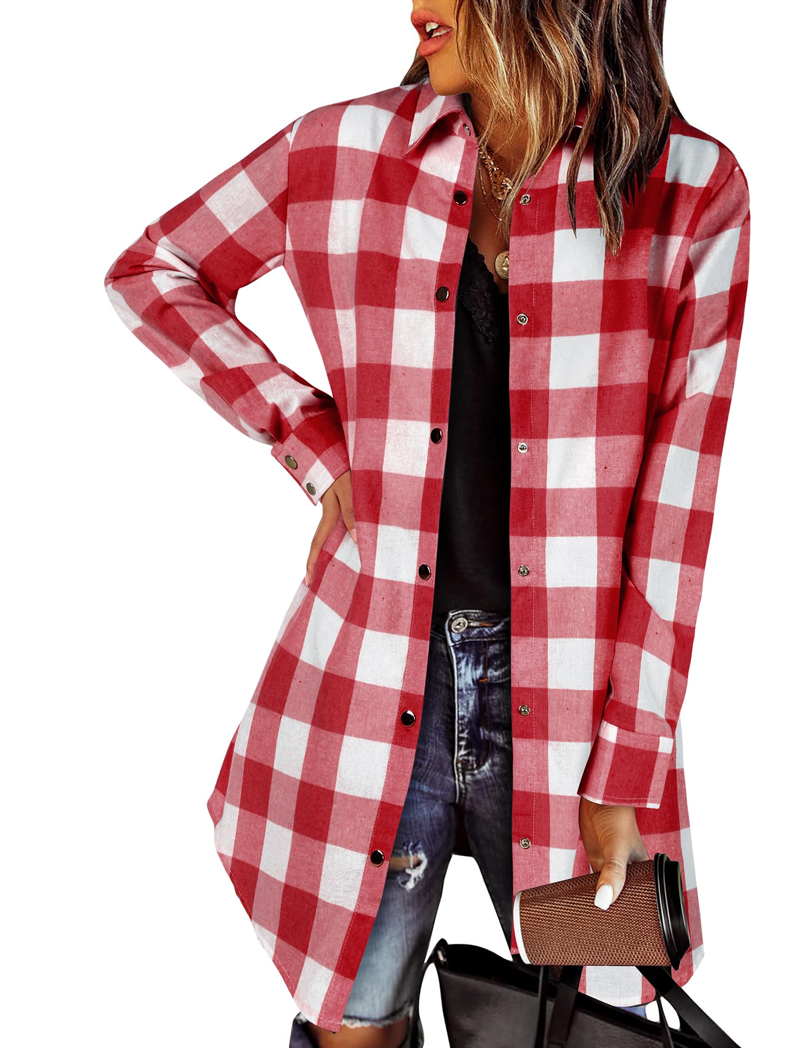 Zeagoo Flannel for Women 2025 Fall Fashion Long Sleeve Plaid Button Down Shirts Shacket Blouse Top with Pockets