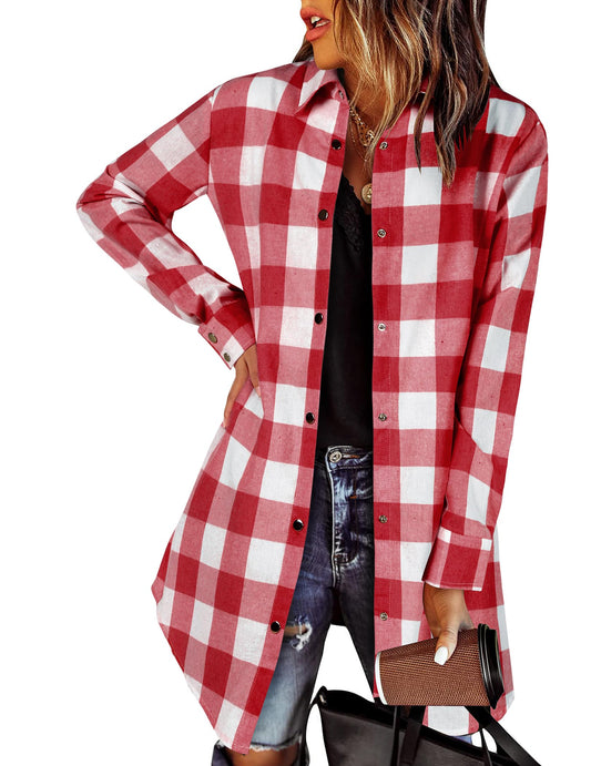 Zeagoo Flannel for Women 2025 Fall Fashion Long Sleeve Plaid Button Down Shirts Shacket Blouse Top with Pockets