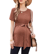 Ekouaer Maternity Tops Short Sleeve Pregnancy Shirts Tee Tunic Casual T Shirt Ribbed Knit Pregnant Clothes