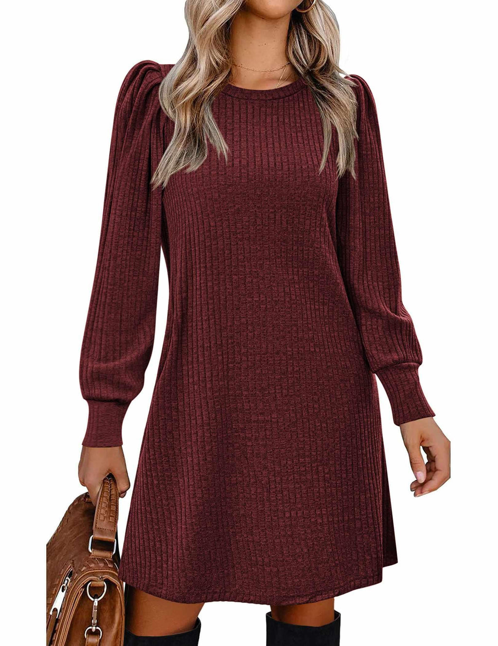 Zeagoo Women's Knit Dress with Puff Sleeves for Fall & Winter - Round Neck Casual Tunic Dress