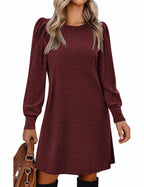 Zeagoo Women's Knit Dress with Puff Sleeves for Fall & Winter - Round Neck Casual Tunic Dress