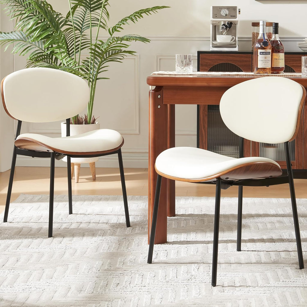 Dining Table and Chairs - Mid-Century Modern Dining Chairs Set of 2, PU Leather Upholstered Dining Room Chairs with Walnut Grain Back, Bentwood Kitchen Chairs with Adjustable Feetpads for Dining Room, Kitchen