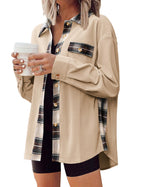 Zeagoo Womens Corduroy Flannel Shacket Jacket Casual Plaid Button Down Shirts Long Sleeve Fall Tops with Pockets