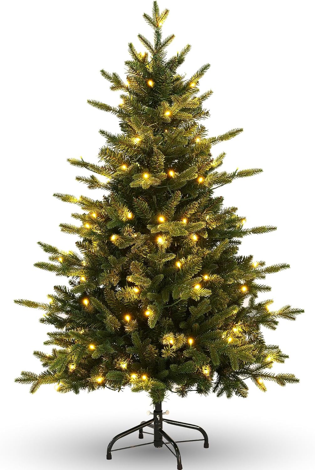 Christmas Tree - 4ft Pre-Lit Artificial Christmas Tree with Warm White LED Lights, Realistic Green Spruce with PE & PVC Tips, Hinged Branches, Metal Stand, Easy Assembly, Indoor Xmas Tree for Holiday Decorations