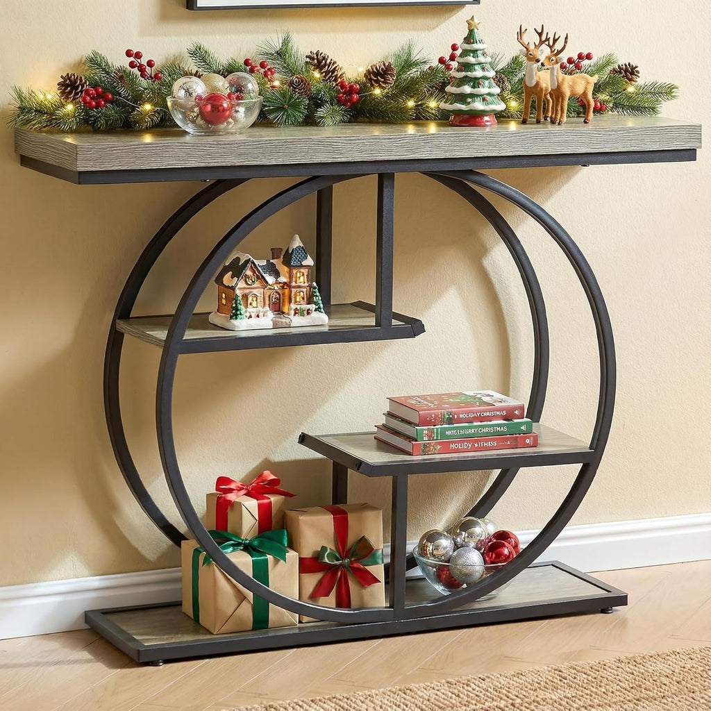 Dining Table and Chairs - 41.3" Sofa Table, Industrial 4-Tier Entryway Table with Circle Base and 1.7" Thickened Top, Narrow Console Table with Storage for Living Room, Hallway, Foyer