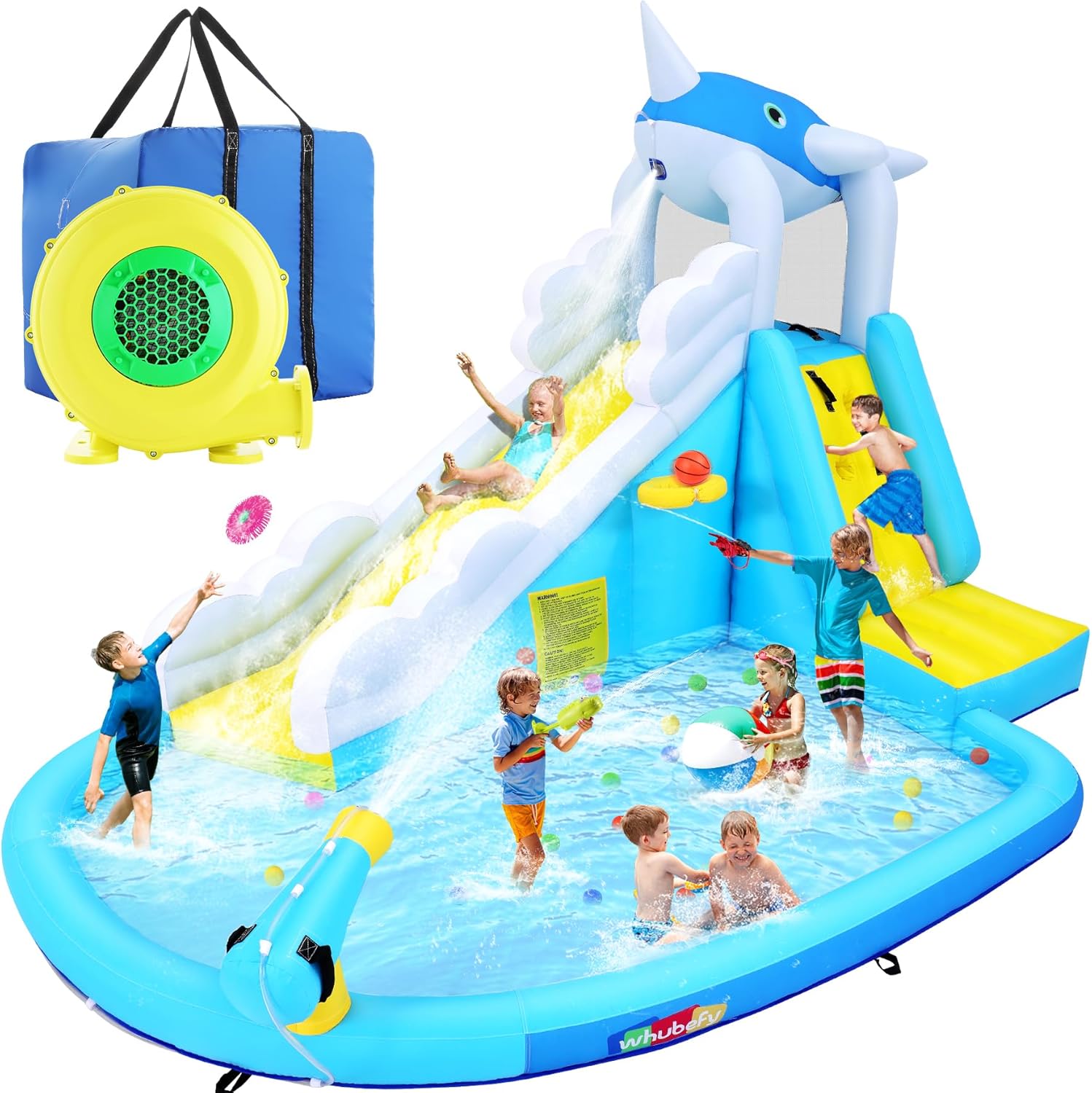 Inflatable Castle - Inflatable Water Slide for Kids Backyard Blow Up Water Park with Narwhal Waterfall Rush Slide & Large Splash Pool, Climbing Wall, Basketball Hoop for Summer Outdoor Fun Birthday Party Gift