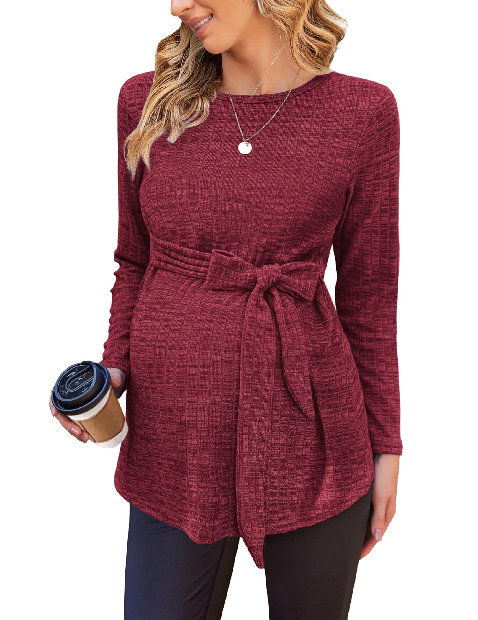 Ekouaer Women's Maternity Shirts Long Sleeve Pregnancy Tops Casual Ribbed Knit Winter Pregnant Blouses