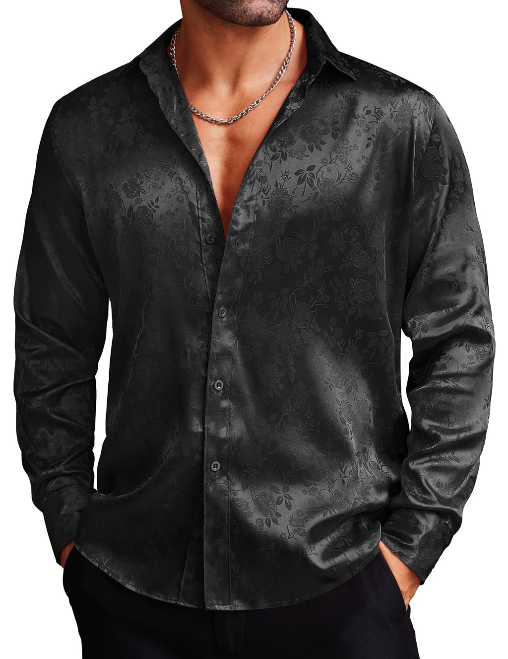 COOFANDY Mens Floral Rose Printed Long Sleeve Dress Shirts Prom Wedding Party Button Down Shirts,Black XX-Large