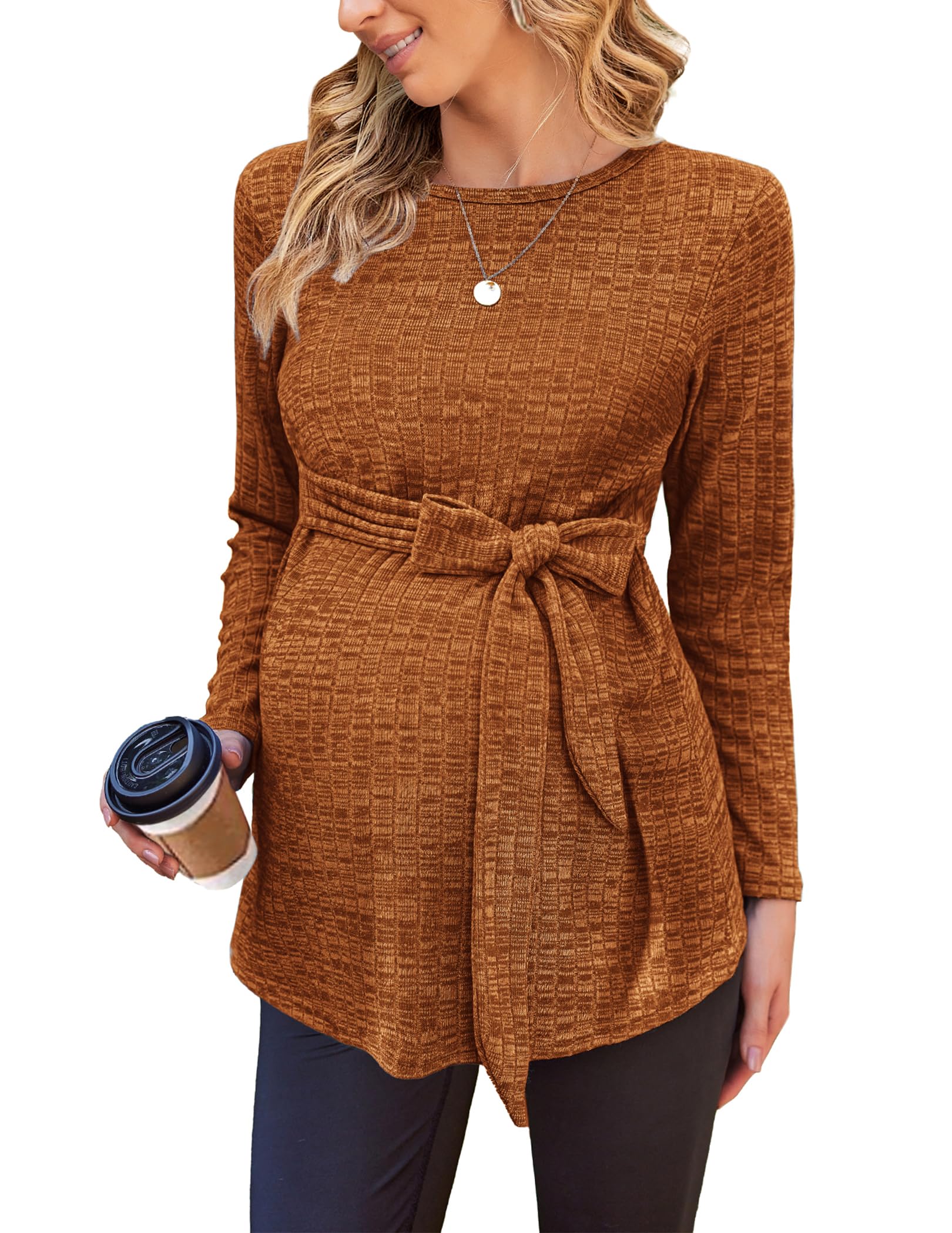 Ekouaer Women's Maternity Shirts Long Sleeve Pregnancy Tops Casual Ribbed Knit Winter Pregnant Blouses