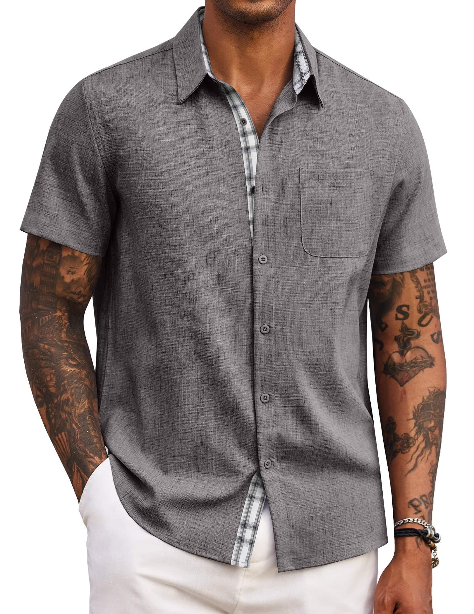 COOFANDY Mens Short Sleeve Button Down Shirt Summer Beach Linen Shirts Business Casual Shirt Dark Grey