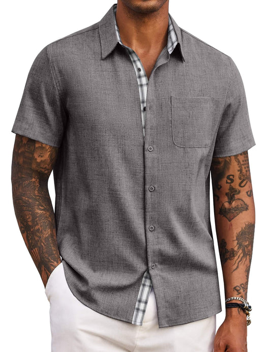COOFANDY Mens Short Sleeve Button Down Shirt Summer Beach Linen Shirts Business Casual Shirt Dark Grey