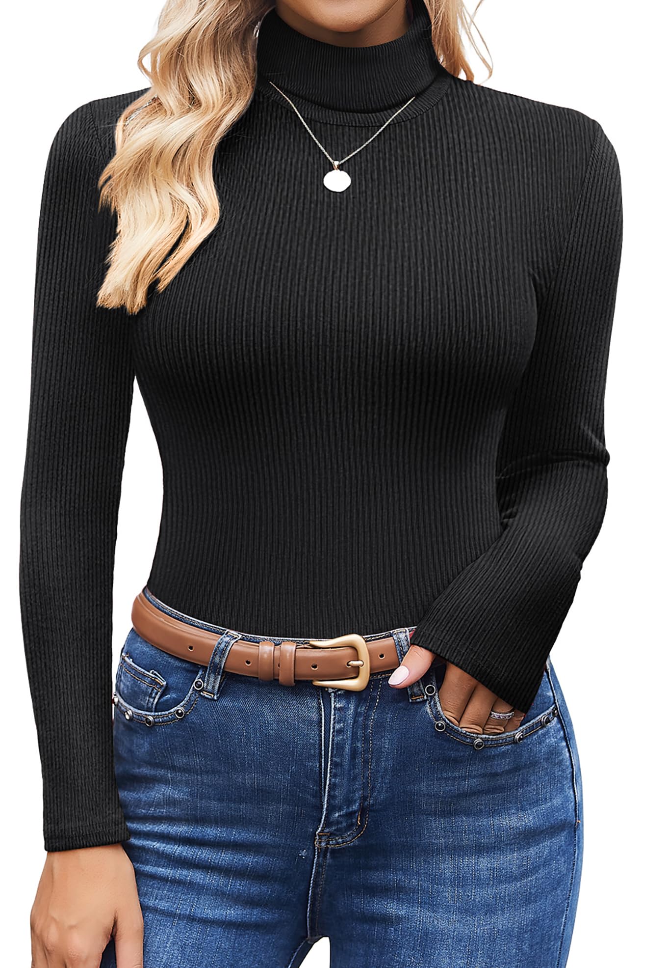 Ekouaer Women's Turtleneck Tops Ribbed Pullover Sweater Long Sleeves Shirts Midweight Thermal Underwear Blouse