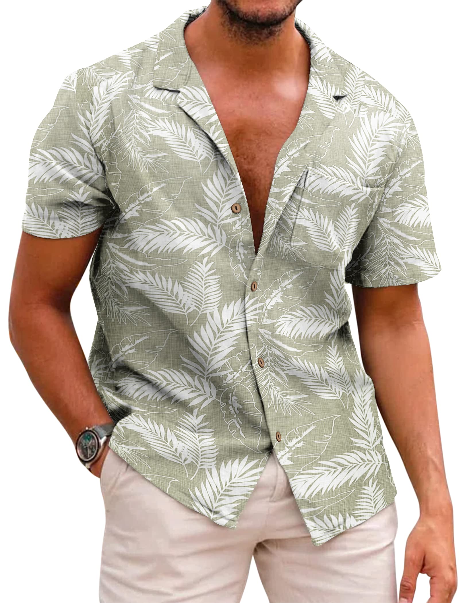 COOFANDY Men Cotton Linen Shirts Short Sleeve Button Down Hawaiian Floral Beach Shirts