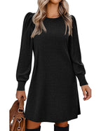Zeagoo Women's Knit Dress with Puff Sleeves for Fall & Winter - Round Neck Casual Tunic Dress