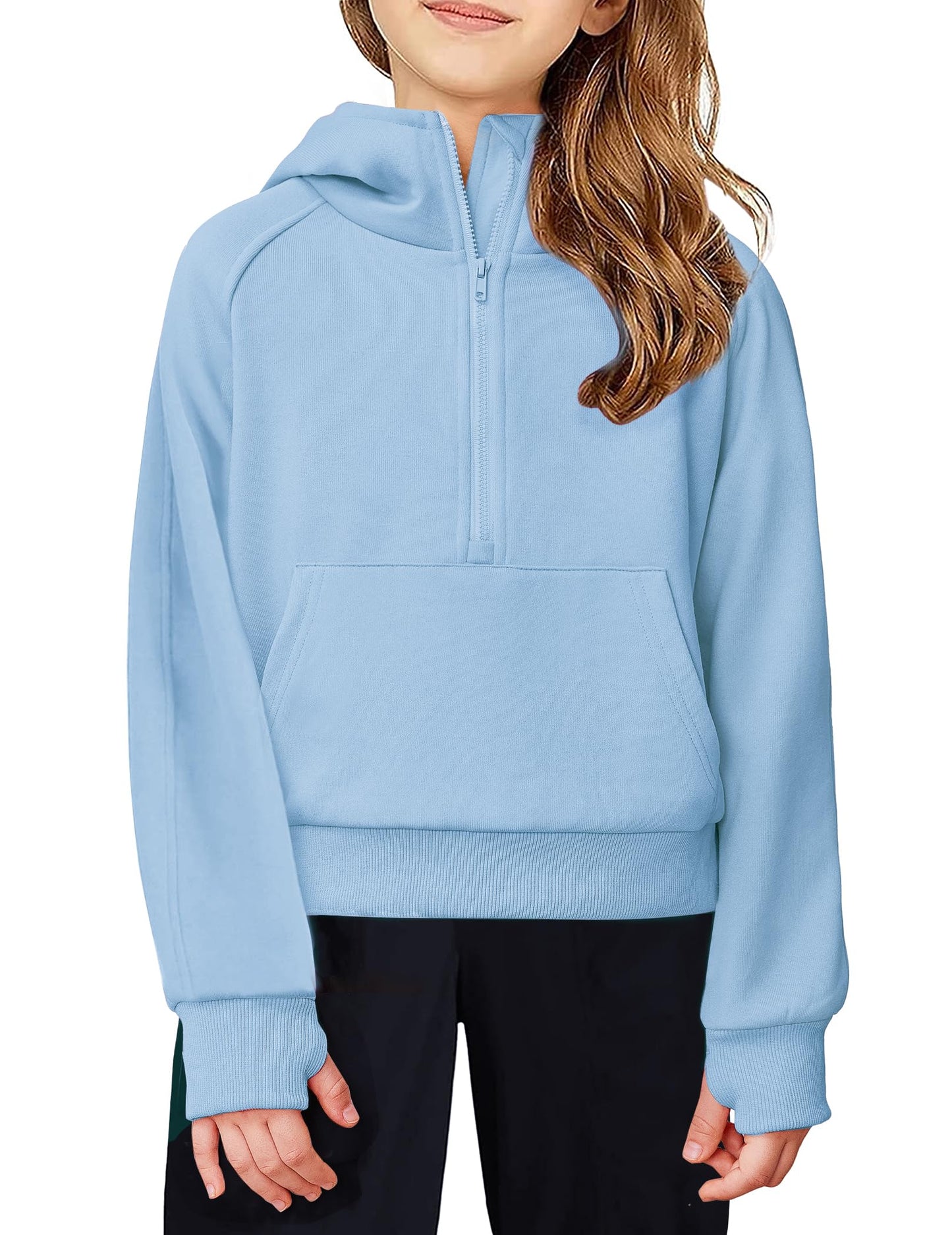 Arshiner Girls Half Zip Sweatshirt Fleece Hooded Pullover for Teen Long Sleeve Tops Fall Winter Clothes Thumb Hole