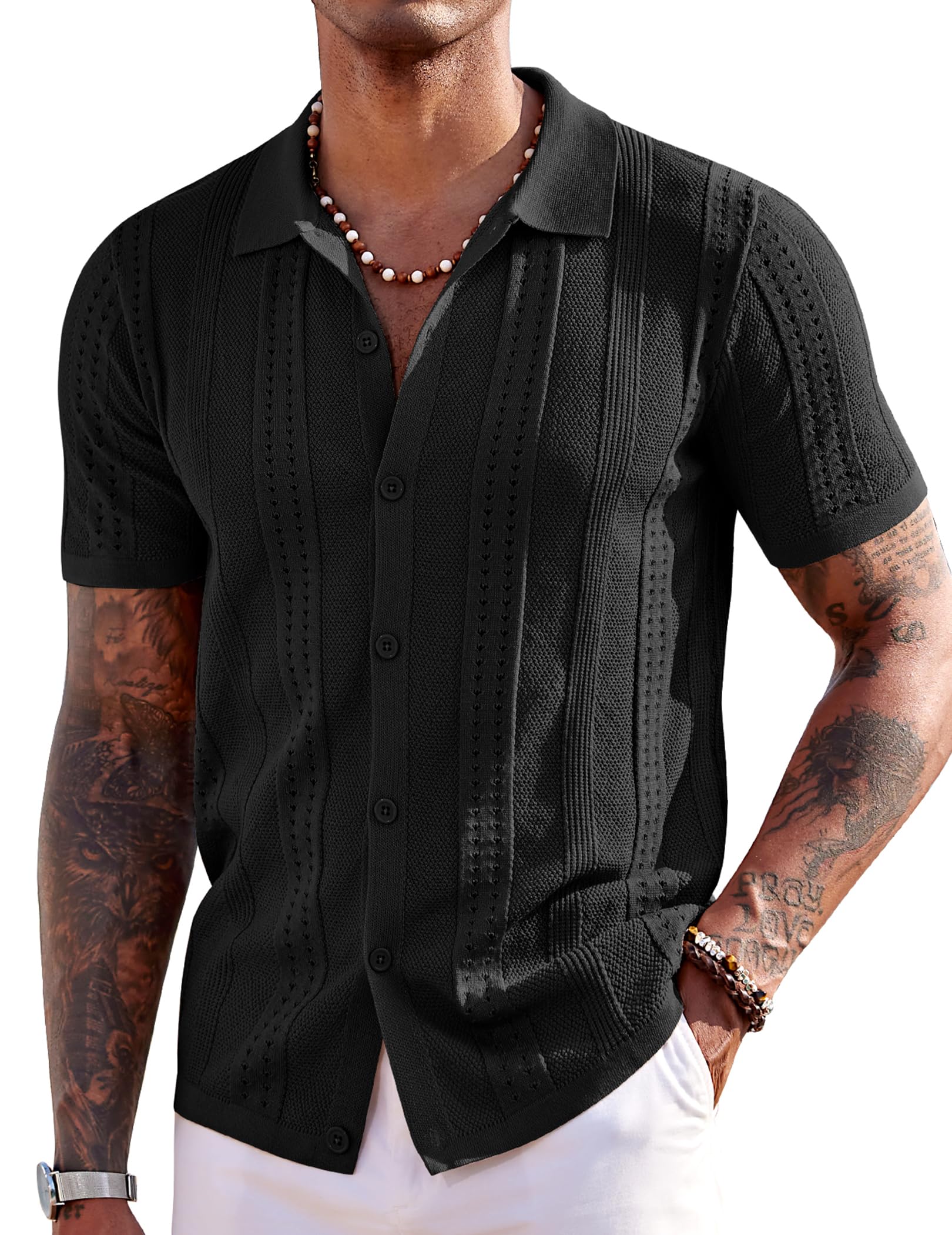 COOFANDY Men's Short Sleeve Knit Shirts Vintage Button Down Polo Shirt Casual Beach Tops, Black, Large