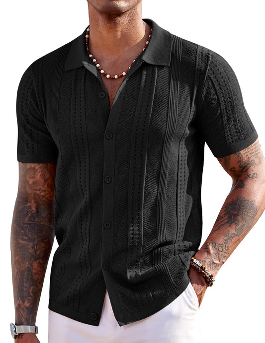 COOFANDY Men's Short Sleeve Knit Shirts Vintage Button Down Polo Shirt Casual Beach Tops, Black, Large