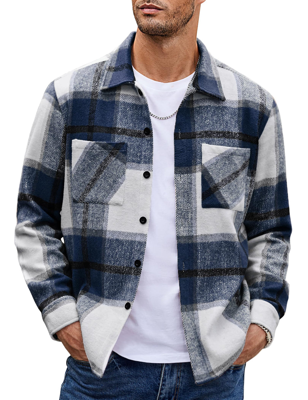 COOFANDY Mens Blue Flannel Shirt Plaid Button Down Shirt Fall Shacket for Men