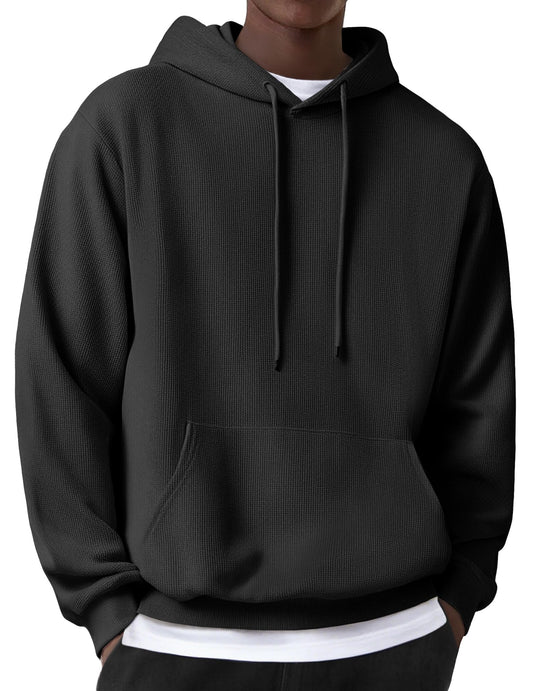 COOFANDY Men's Hoodie with Hood Waffle Men's Long Sleeve Basic Hooded Hoodie Kangaroo Pocket Sweatshirt, black, M