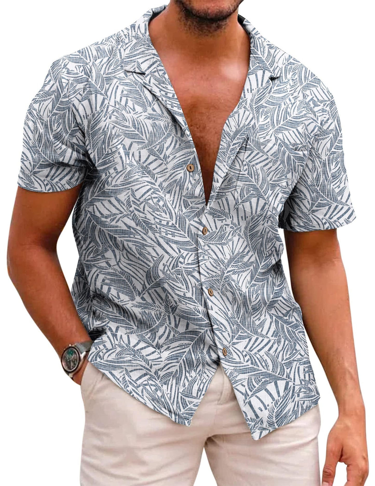 COOFANDY Men Cotton Linen Shirts Short Sleeve Button Down Hawaiian Floral Beach Shirts