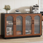 Dining Table and Chairs - Sideboard Buffet Cabinet with Storage, 55.1" Table with 4 Fluted Glass Doors, Built-in Removable Shelf, Kitchen Coffee Bar Table for Dining Room, Living Room