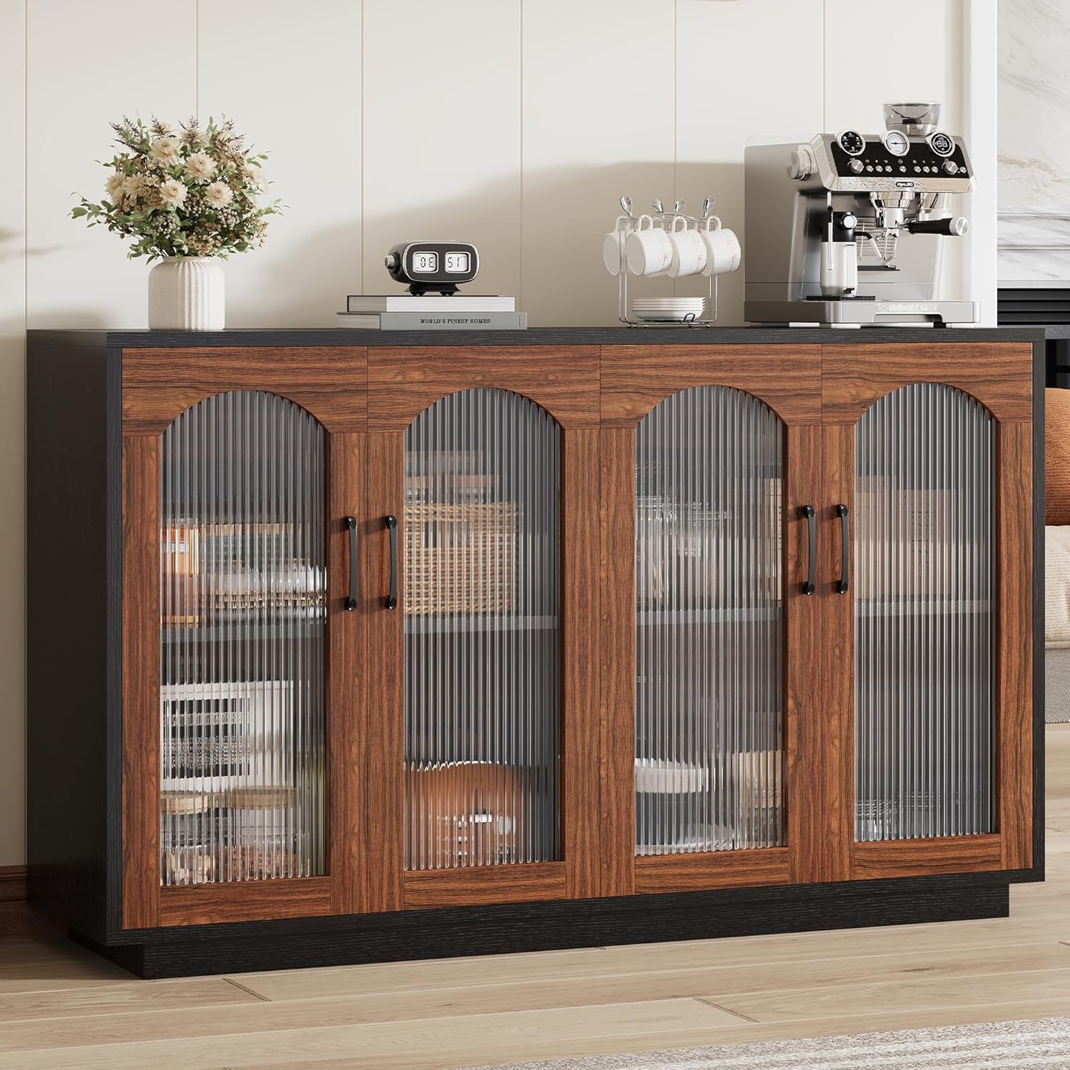 Dining Table and Chairs - Sideboard Buffet Cabinet with Storage, 55.1" Table with 4 Fluted Glass Doors, Built-in Removable Shelf, Kitchen Coffee Bar Table for Dining Room, Living Room