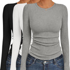 Ekouaer Women's Long Sleeve Shirts 3 Packs Crew Neck Stretchy Fitted Tops Ribbed Base Layer Soft Thermal Undershirts Tee