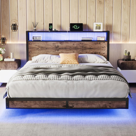 Queen Size Bed Frame with Bookcase Headboard and LED Lights