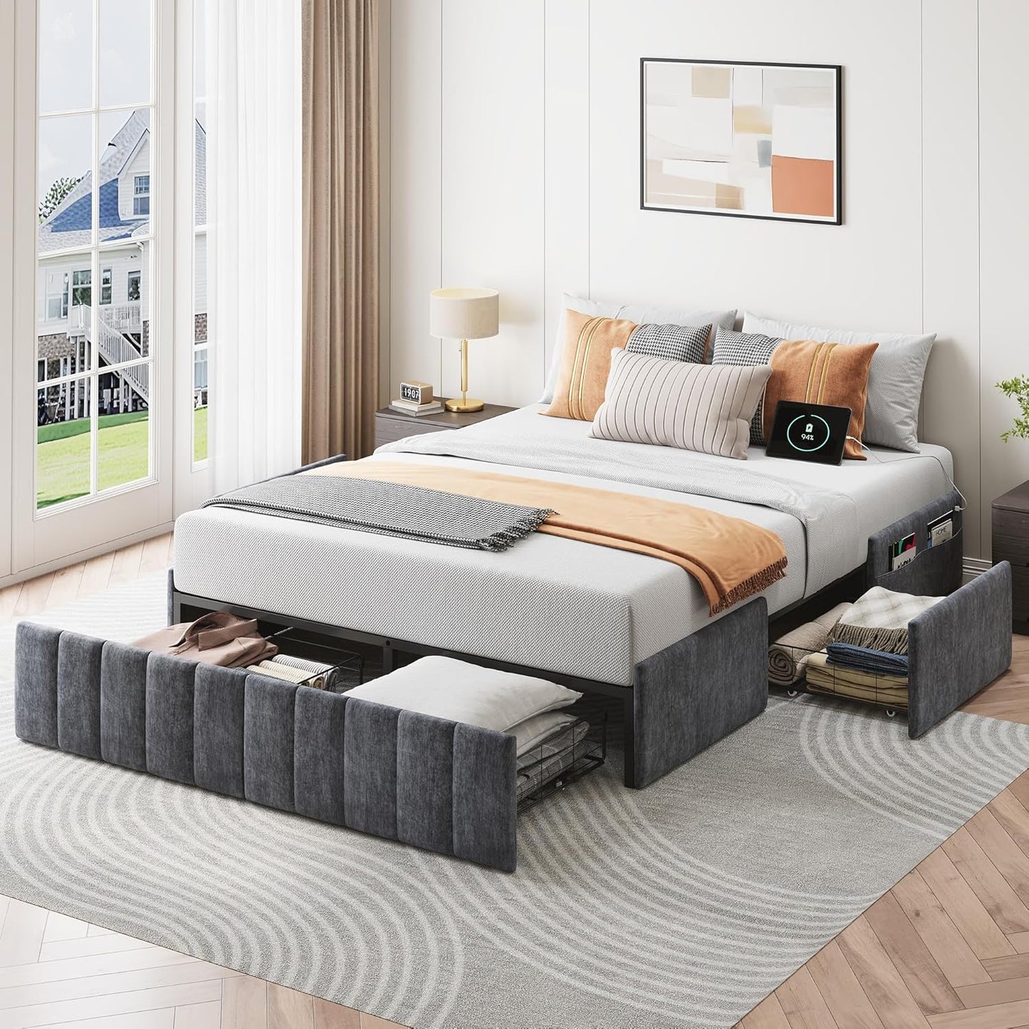 Queen Size Bed Frame with Upholstered Headboard