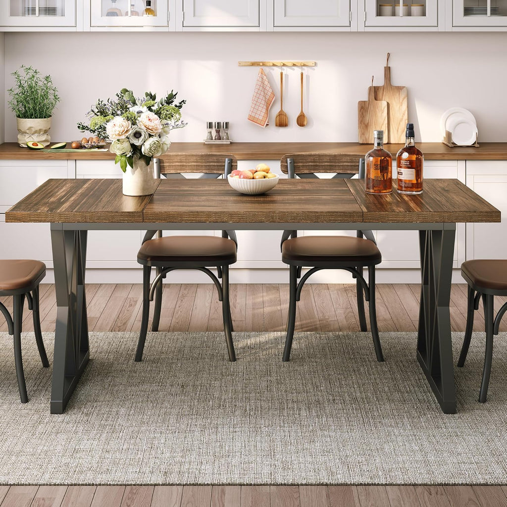 Dining Table and Chairs - 70" Long Dining Table for 6-8 People, Rectangular Wooden Kitchen Table with Thick Tabletop, X-Frame Metal Legs for Living Room, Dining Room, Office, Courtyard