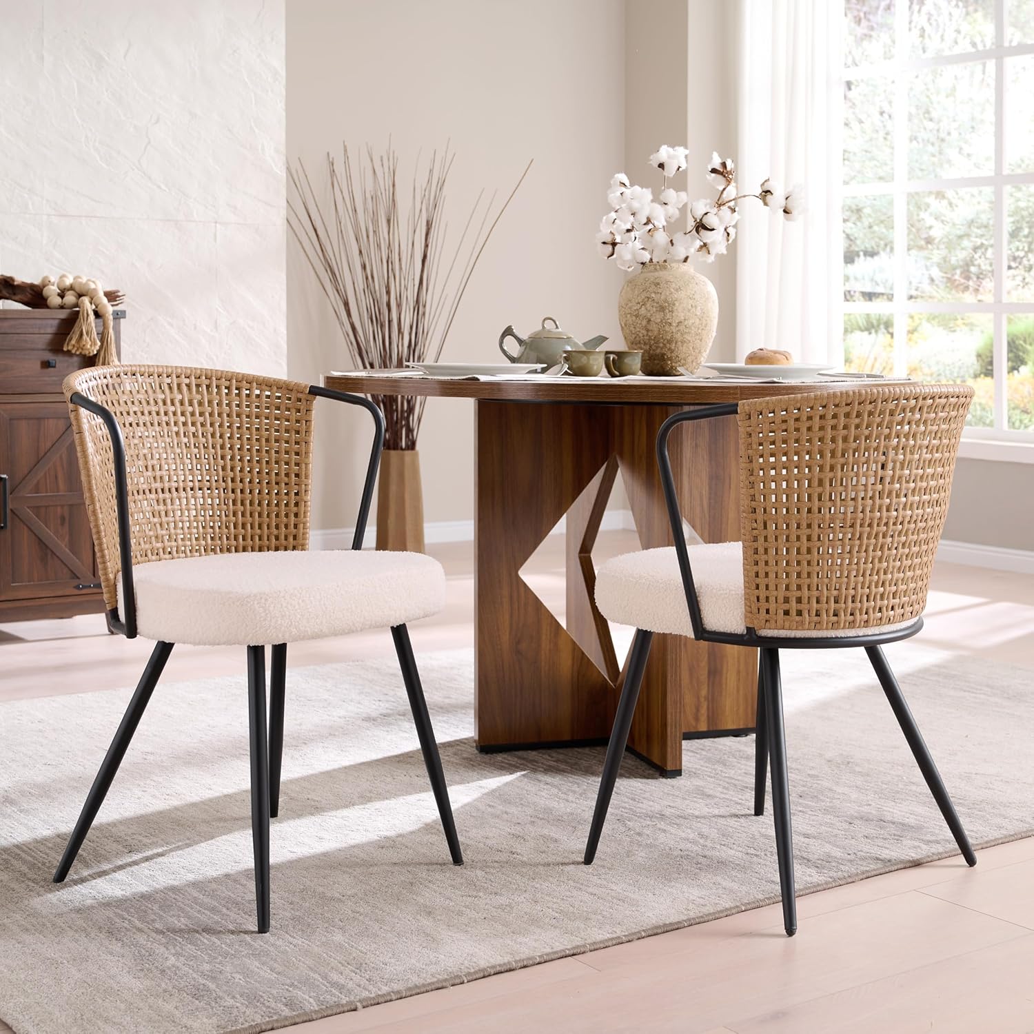 Dining Table and Chairs - Rattan Dining Chairs Set of 2 - Farmhouse Upholstered Cane Back Kitchen Chair with Boucle Cushion, Wingback Dining Room Seat with Metal Legs for Home, Kitchen
