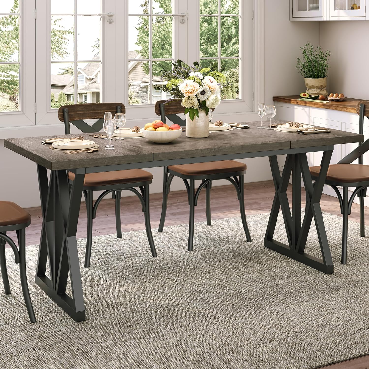 Dining Table and Chairs - 70" Long Dining Table for 6-8 People, Rectangular Wooden Kitchen Table with Thick Tabletop, X-Frame Metal Legs for Living Room, Dining Room, Office, Courtyard