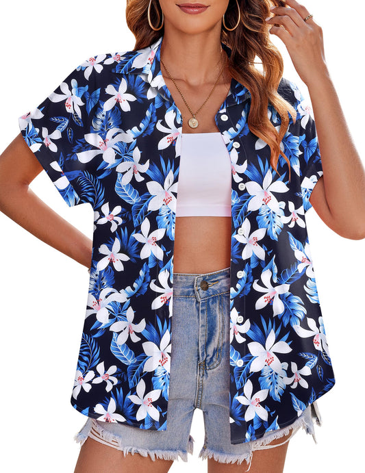 Zeagoo Women's Hawaiian Button Down Shirts Casual Short Sleeve Floral Tropical Print Summer Blouse Tunic Top